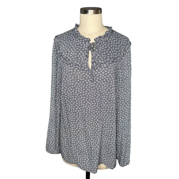 BODEN Blue White Ditsy Floral Pattern Ruffle Neck Victorian Blouse Women's 12 - Picture 1 of 7